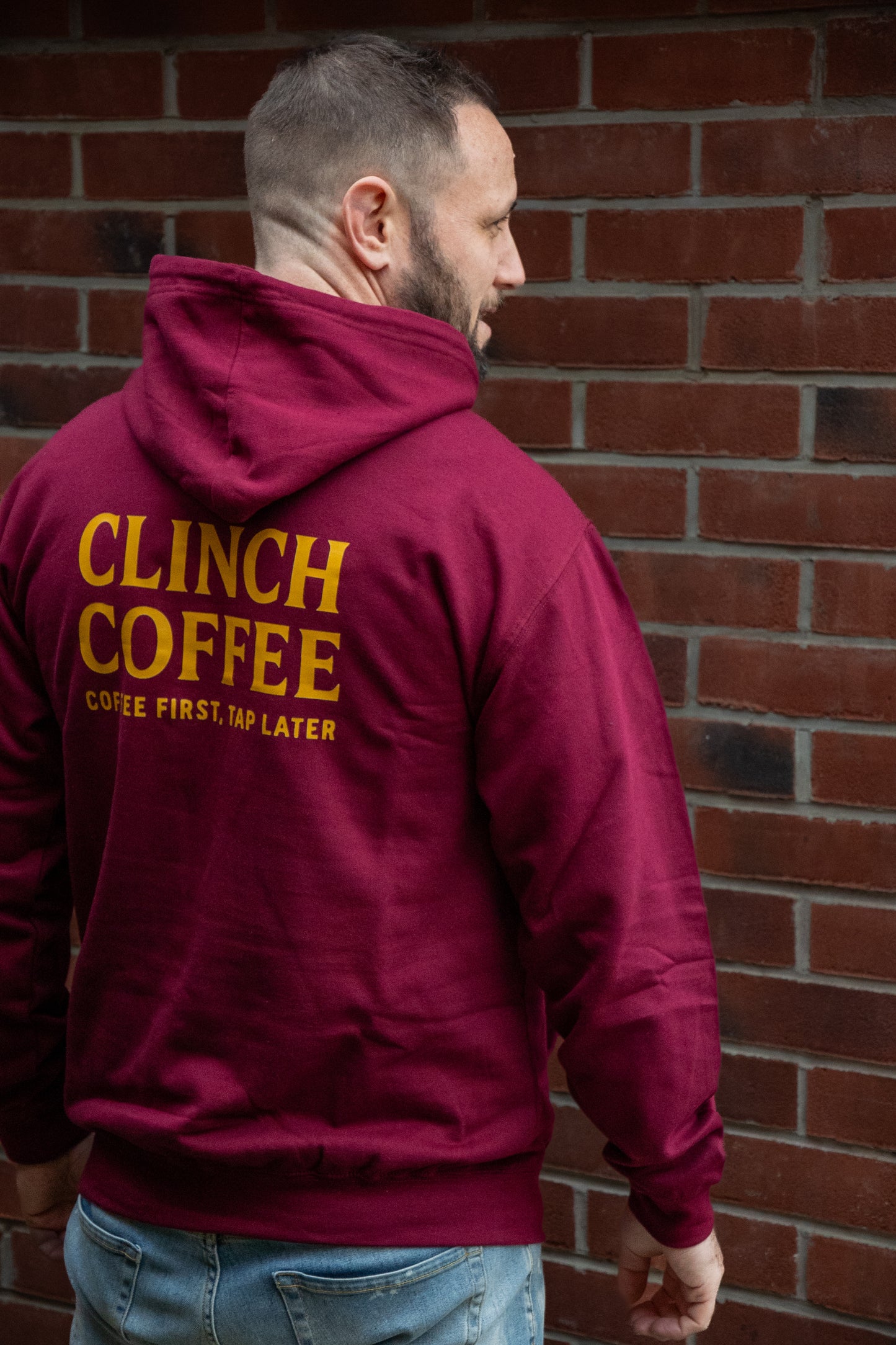 Clinch Hoodie Burgundy - Coffee First, Tap Later