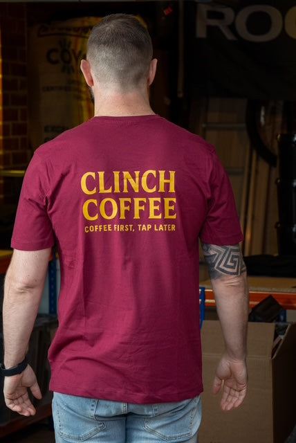 Clinch Tee Burgundy - Coffee First, Tap Later